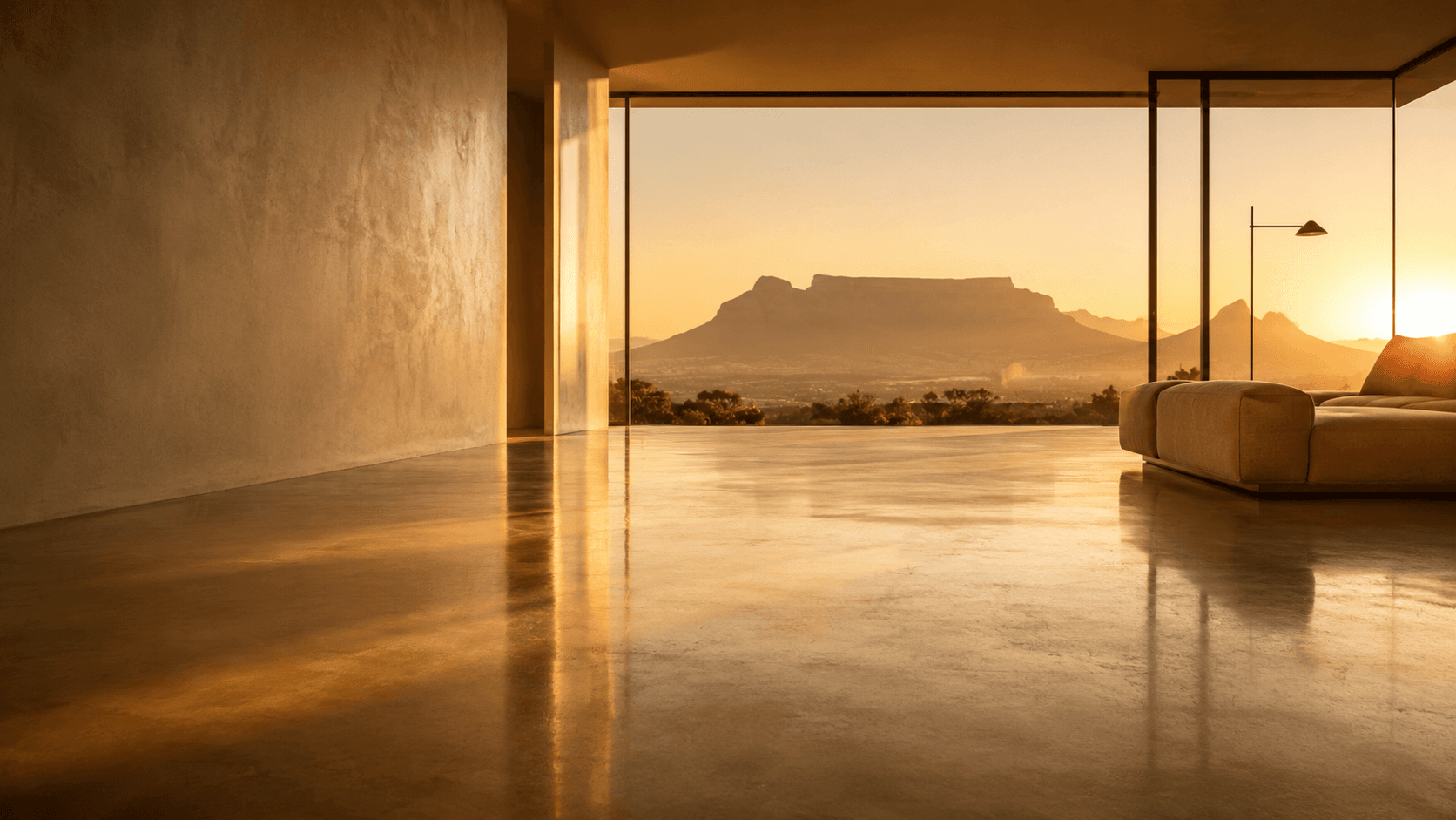 Mirror-polished concrete floor reflecting golden light in a luxury Cape Town living space with Table Mountain through the window